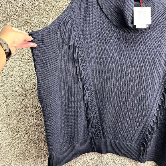 Anne Klein Sweater Women’s L/XL Dark Blue Knit Pullover Poncho Fringe NWT - Picture 3 of 9